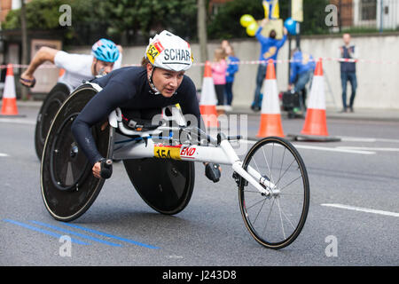 London, UK. 23rd April, 2017. Manuela Schar of Switzerland, who won the women's event, competes in the in the T53/T54 event for wheelchair racers with Stock Photo