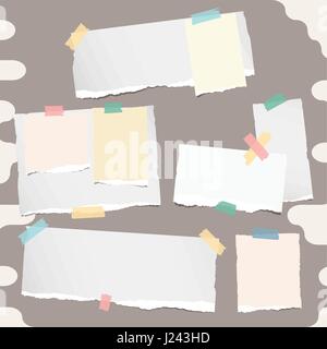 Different size stacked colorful note, notebook, copybook paper stuck with sticky tape on brown abstract background Stock Vector