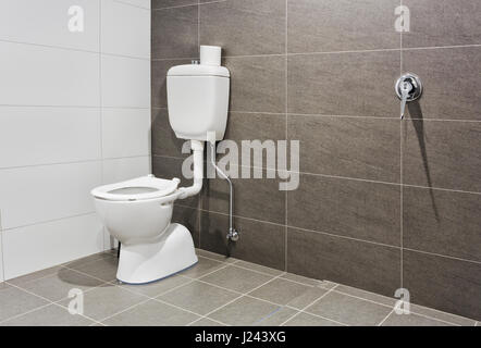 WHite porcelain toilet seat in a modern bathroom for disabled people giving extra space and access.