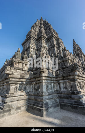 Corner view of Candi Siwa (Shiva Temple) in Prambanan complex. 9th century Hindu temple compound located near Yogyakarta on Central Java, Indonesia Stock Photo