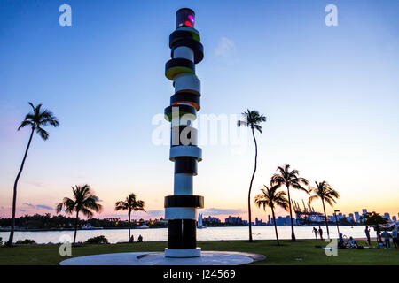 Miami Beach Florida,South Pointe Park,waterfront,twilight,dusk,sunset,palm trees,Obstinate Lighthouse,sculpture,Tobias Rehberger,FL170318012 Stock Photo