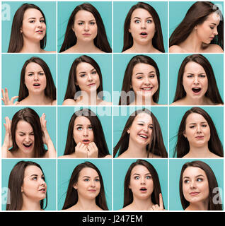 Set of young woman's portraits with different happy emotions Stock Photo