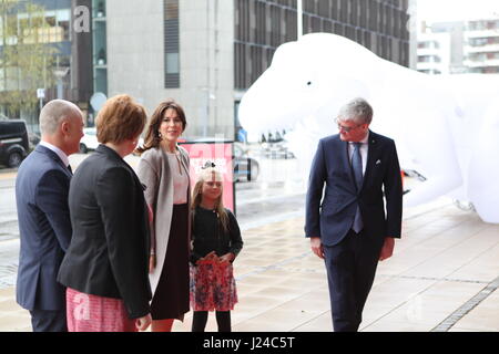 Copenhagen, Denmark. 24th Apr, 2017. Crown Princess of Denmark Mary (3rd L) arrives to attend the opening ceremony of the Danish Science Festival in Copenhagen, Denmark, on April 24, 2017. Denmark launched a week-long science festival on Monday aimed at celebrating the fundamental element of research and establishing a meeting place between researchers and the general public. Credit: Shi Shouhe/Xinhua/Alamy Live News Stock Photo