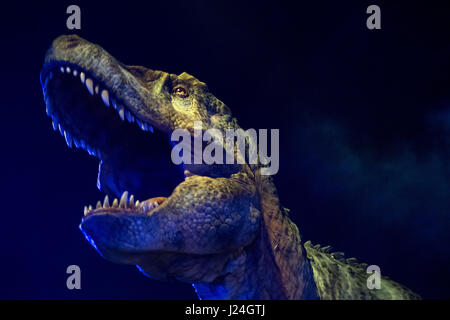 Tokyo, Tokyo, Japan. 25th Apr, 2017. The Dino-Safari exhibition featuring these robotic dinosaurs in Tokyo, Japan. The rubber creatures make use of a 'Dino-Tronics' mechanism, which allows them to smoothly and quietly walk around, and move their heads and jaws. However the dinosaurs are not completely autonomous - performers encased in the models control their movements.The animatronics were created by Japanese firm ON-ART Corp. The exhibit, set to open on Apr. 26 at Hikarie Hall in Tokyo's Shibuya district, will feature the 4.8m tall Raptor Credit: ZUMA Press, Inc./Alamy Live News Stock Photo