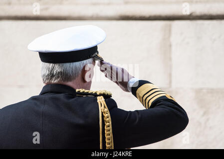 London, UK. 25th Apr, 2017. Officers salutes at the annual ANZAC commemeration in Whitehall, London Credit: Ian Davidson/Alamy Live News Stock Photo