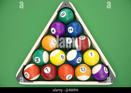 3D illustration Billiard balls arranged in a triangle viewed from above, top view. Snooker, Pool game. Billiard concept Stock Photo