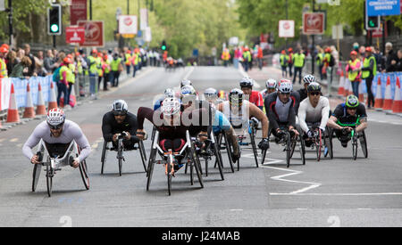 LONDON - April 23: Virgin Money London Marathon. Elite men's wheelchair race at the London Marathon passes through Greenwich, in London, England on April 23, 2017. Photo: © 2017 David Levenson/ Alamy Stock Photo