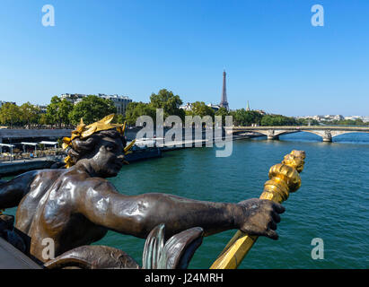 The River Seine and Eiffel Tower (Tour Eiffel) from Alexander III Bridge (Pont Alexandre III), Paris, France Stock Photo