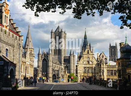 View of the old Ghent city centre with the Saint Michael's Bridge, Saint-Nicholas Church, Belfry, Predikherenlei and the Saint Bavo Cathedral. Belgium Stock Photo