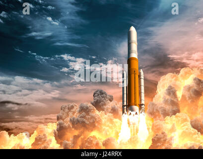 Heavy Rocket Launch On The Background Of Cloudy Sky Stock Photo