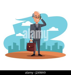 character man business manager with smartphone and portfolio cityscape Stock Vector