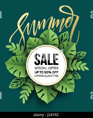 Summer sale poster. Tropical Leaf. Paper cut style. Vector illustration Stock Vector