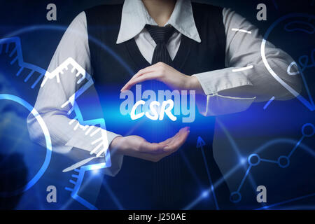 Business, technology, internet and networking concept. Business woman chooses icon - CSR Stock Photo