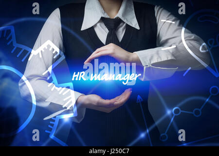 Business, technology, internet and networking concept. Business woman chooses icon - HR manager Stock Photo