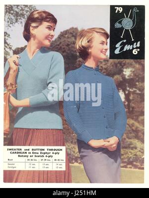 Original retro Emu knitting pattern from the 1950's - the models are wearing a blue v-necked sweater and button through cardigan, U,K. Stock Photo