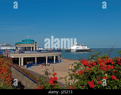 The Colourful Eastbourne Seafront with its iconic Bandstand and Pier, Eastbourne, East Sussex, England, UK Stock Photo