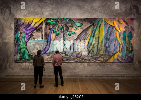 London, UK. 25 April 2017. The National Gallery unveils The Caged Bird's Song, a new tapestry by Turner Prize-winning artist Chris Ofili. The artwork is displayed from 26 April to 28 August 2017 in the Sunley Room at The National Gallery. Afterwards it will go on permanent display in Clothworkers' Hall in the City of London. Stock Photo