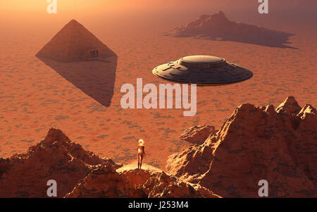 An Alien Being Possibly A Martian , Looking Down On An Ancient Pyramid On The Surface Of Mars.