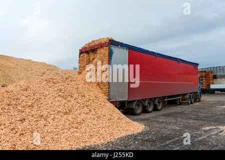 Truck warehouse place landed in sawdust loads. Stock Photo