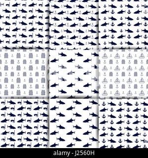 Set of nautical backgrounds, seamless texture with elements of marine inventory, anchor, shark and sailors striped vest, vector illustration. Stock Vector