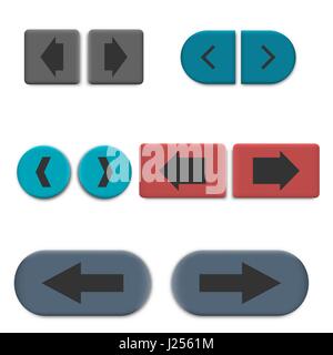 Stylish multicolored 3D web buttons with arrows, isolated on white background. Design elements of sites and interfaces, vector illustration. Stock Vector