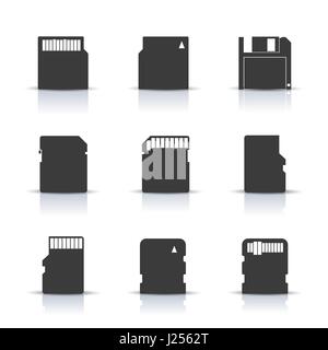 Gray memory card icons with mirror reflection isolated on white background. Elements for design of digital devices and information carriers, vector il Stock Vector