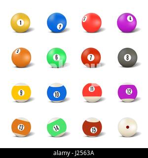 Set of multi-colored glossy balls for pool games with shadow, isolated on white background. Elements of design of sports equipment. 3D style, vector i Stock Vector