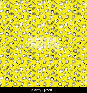 Kitchenware outline icons pattern for tools and appliances equipment isolated vector illustrations on yellow background Stock Vector