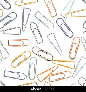 A lot of different metal paper clips on white background, seamless pattern Stock Vector