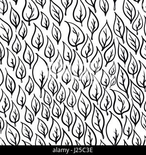 A lot of hand drawn black leaves on white, seamless pattern Stock Vector