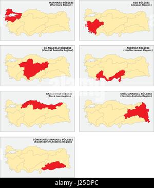 Seven survey maps of the seven Turkish geographical regions Stock Vector