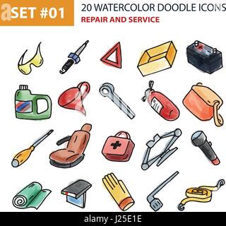 Watercolor Icons Set - Repair and Service. Stock Vector