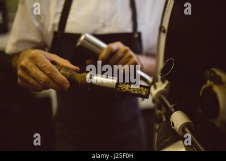 Barista pouring green coffee beans in coffee grinding machine in coffee shop Stock Photo