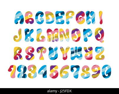 Psychedelic font with colorful pattern. Vintage hippie alphabet isolated on white. Stock Vector