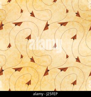 Paper airplanes fly on routes, map on old textured paper, seamless pattern Stock Vector
