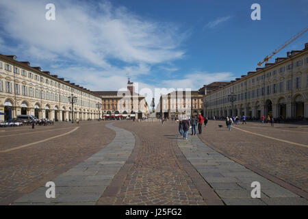 Piazza San Carlo, Turin, Italy. Laid out in the 16th and 17th century and is an example of Baroque style. with designs by Carlo di Castellamonte Stock Photo