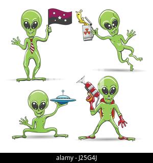 Cartoon funny aliens set. Green skin aliens with a laser gun, alien uranium beer, pocket flying saucer and galaxy flag. Vector illustration. Stock Vector
