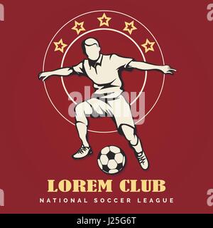 Football or soccer club emblem. Soccer player with ball drawn in retro style against star background. Vector illustration. Stock Vector