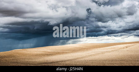 Panoramic view of summer landscape with dramatic thunderclouds in the background Stock Photo