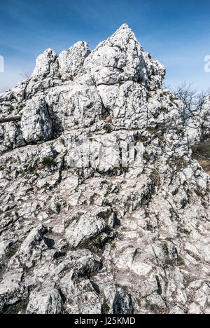 limestone rocks with clear sky above bellow Devin hill in spring Palava mountains in South Moravia