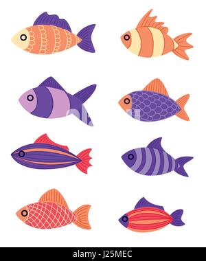 Graphic fish violet red pink with a pattern and to leaves Multi-colored small fishes in the sea the ocean Fishing. Hand drawn vector fish. Sketch Stock Vector