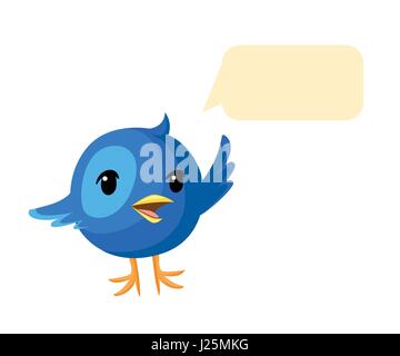 Blue bird on a white background with a dialogue cloud a symbol the character. dark blue lovely baby bird vector flat illustration. Stock Vector
