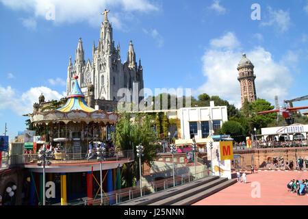 View of Expiatory Church of the Sacred Heart of Jesus from the free area of Tibidabo in Barcelona, Spain Stock Photo