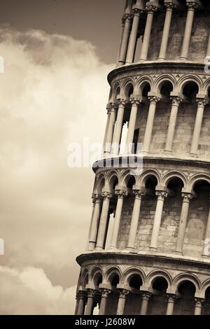 Leaning tower closeup view in Pisa, Italy as the worldwide known landmark. Stock Photo