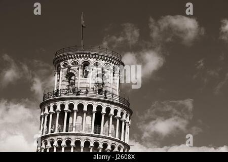 Leaning tower closeup view in Pisa, Italy as the worldwide known landmark. Stock Photo