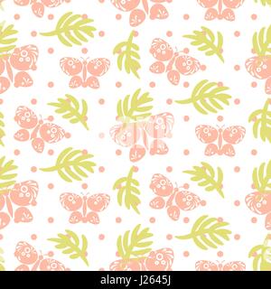 Pink palm leaves and butterflies seamless vector pattern. Stock Vector