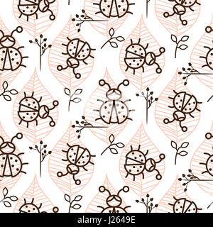 Ladybug and line pink leaves on white seamless vector pattern. Stock Vector