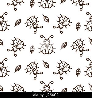 Ladybug and outline leaves on white seamless vector pattern. Stock Vector