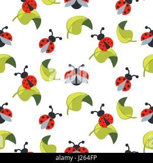 Cute cartoon ladybug on green leaves seamless vector pattern. Stock Vector