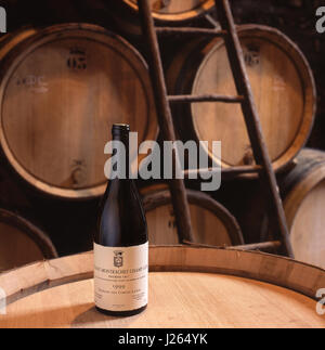 Domaine Lafon Bottle 1999 Puligny-Montrachet Champ Gain Burgundy wine in the rustic barrel cellar of Domaine Lafon, Meursault, Côte d'Or, France. Stock Photo